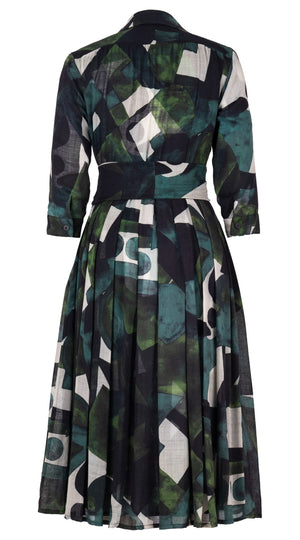 Audrey Dress #4 Shirt Collar 3/4 Sleeve Long Length Wool (Morello Graphic Dark) - Green Jade