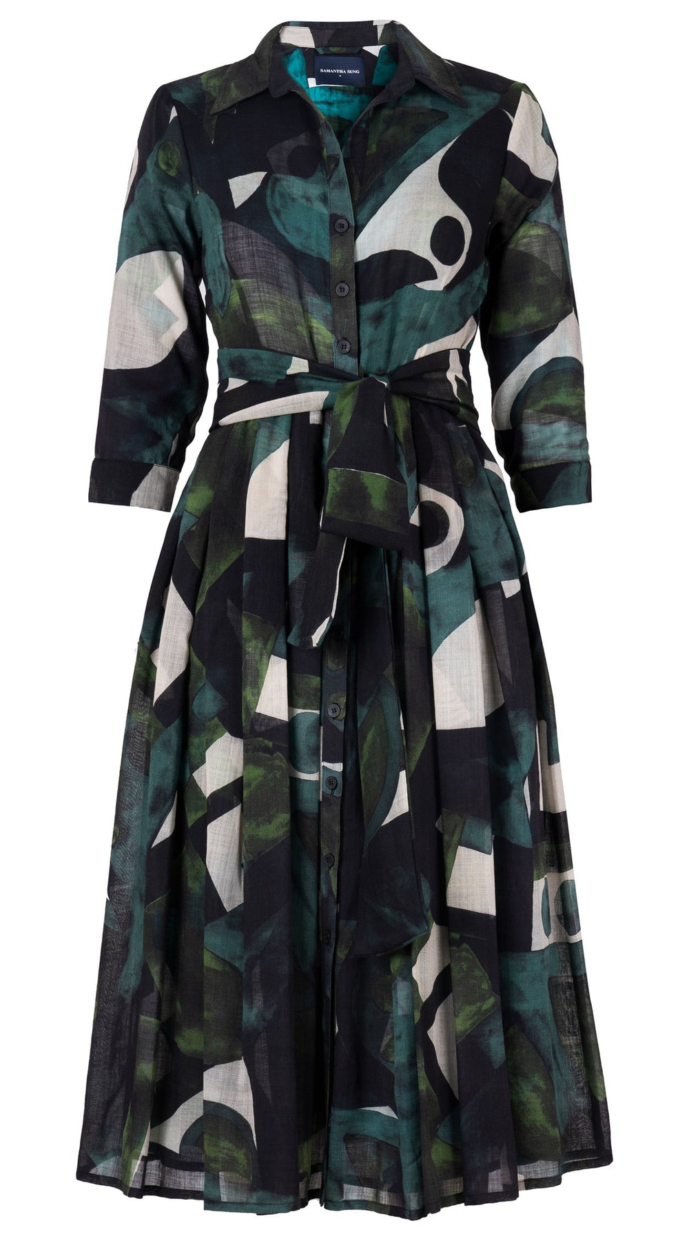 Audrey Dress #4 Shirt Collar 3/4 Sleeve Long Length Wool Musola (Morello Graphic Dark) - Green Jade