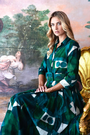 Audrey Dress #4 Shirt Collar 3/4 Sleeve Midi Length Wool (Morello Graphic Dark) - Green Jade