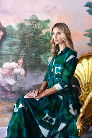 Audrey Dress #4 Shirt Collar 3/4 Sleeve Midi Length Wool (Morello Graphic Dark) - Green Jade