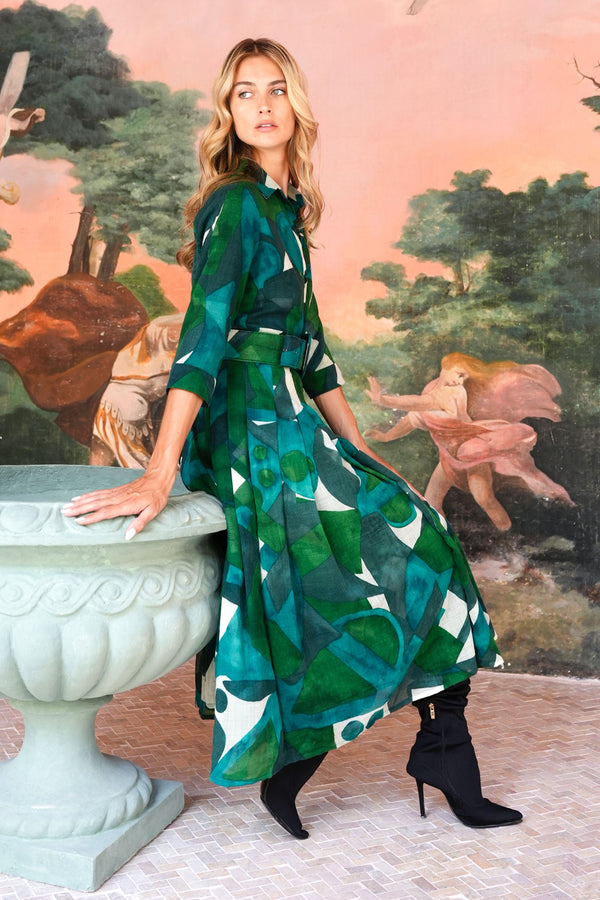 Audrey Dress #4 Shirt Collar 3/4 Sleeve Midi Length Wool (Morello Graphic Dark) - Green Jade