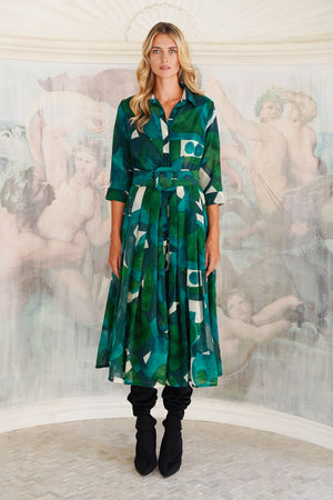 Audrey Dress #4 Shirt Collar 3/4 Sleeve Midi Length Wool (Morello Graphic Dark) - Green Jade