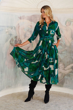 Audrey Dress #4 Shirt Collar 3/4 Sleeve Midi Length Wool (Morello Graphic Dark) - Green Jade