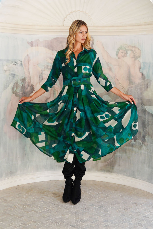 Audrey Dress #4 Shirt Collar 3/4 Sleeve Midi Length Wool (Morello Graphic Dark) - Green Jade