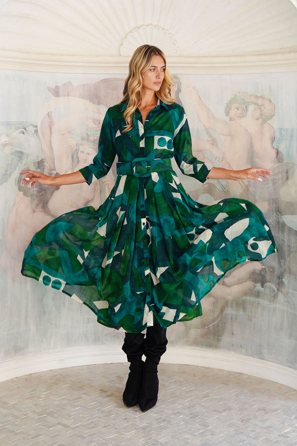 Audrey Dress #4 Shirt Collar 3/4 Sleeve Midi Length Wool (Morello Graphic Dark) - Green Jade