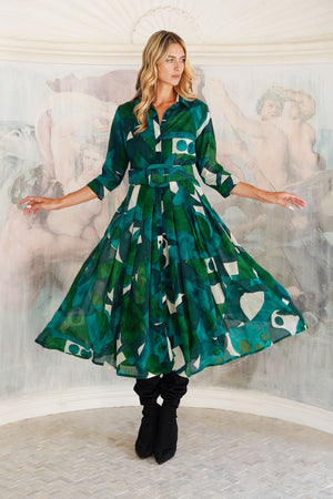Audrey Dress #4 Shirt Collar 3/4 Sleeve Midi Length Wool (Morello Graphic Dark) - Green Jade