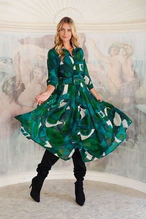 Audrey Dress #4 Shirt Collar 3/4 Sleeve Midi Length Wool (Morello Graphic Dark) - Green Jade