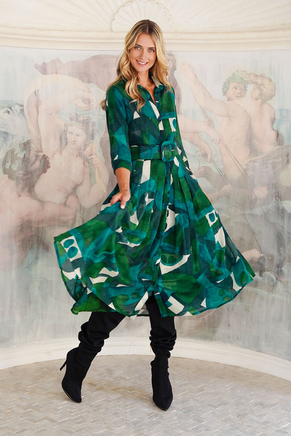 Audrey Dress #4 Shirt Collar 3/4 Sleeve Midi Length Wool (Morello Graphic Dark) - Green Jade