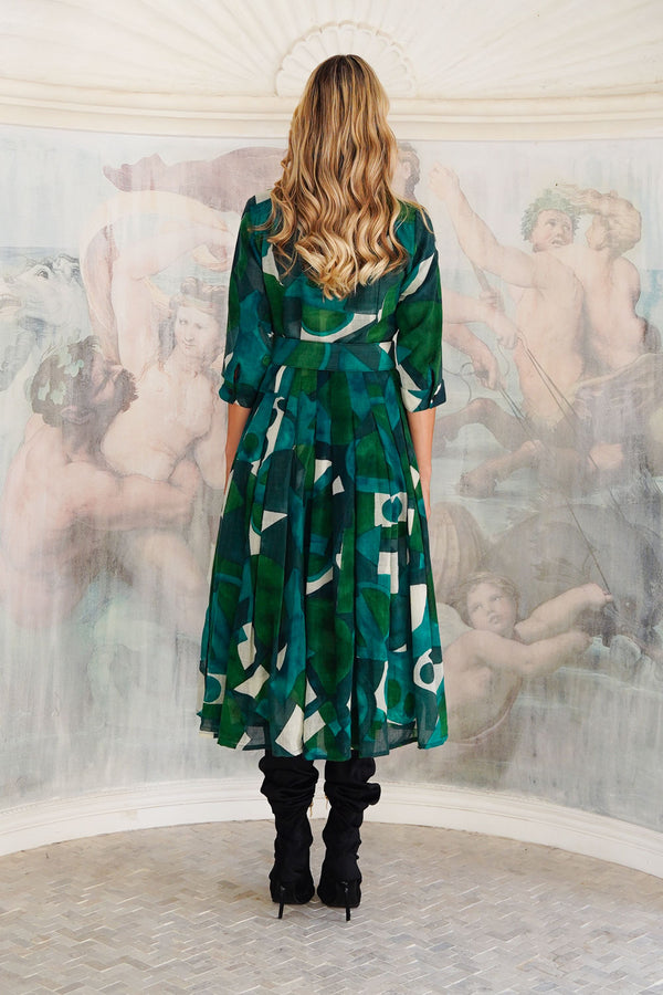 Audrey Dress #4 Shirt Collar 3/4 Sleeve Midi Length Wool (Morello Graphic Dark) - Green Jade