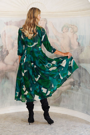 Audrey Dress #4 Shirt Collar 3/4 Sleeve Midi Length Wool (Morello Graphic Dark) - Green Jade