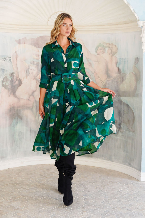 Audrey Dress #4 Shirt Collar 3/4 Sleeve Midi Length Wool (Morello Graphic Dark) - Green Jade