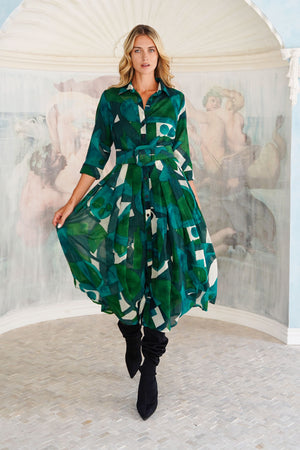 Audrey Dress #4 Shirt Collar 3/4 Sleeve Midi Length Wool (Morello Graphic Dark) - Green Jade
