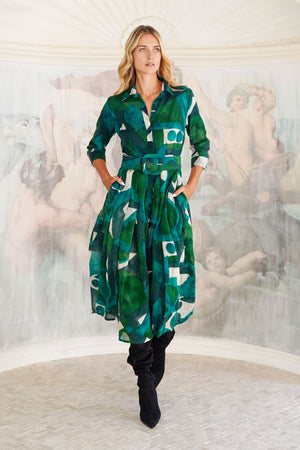 Audrey Dress #4 Shirt Collar 3/4 Sleeve Midi Length Wool (Morello Graphic Dark) - Green Jade