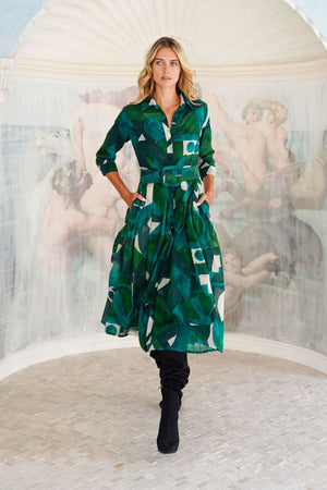 Audrey Dress #4 Shirt Collar 3/4 Sleeve Midi Length Wool (Morello Graphic Dark) - Green Jade