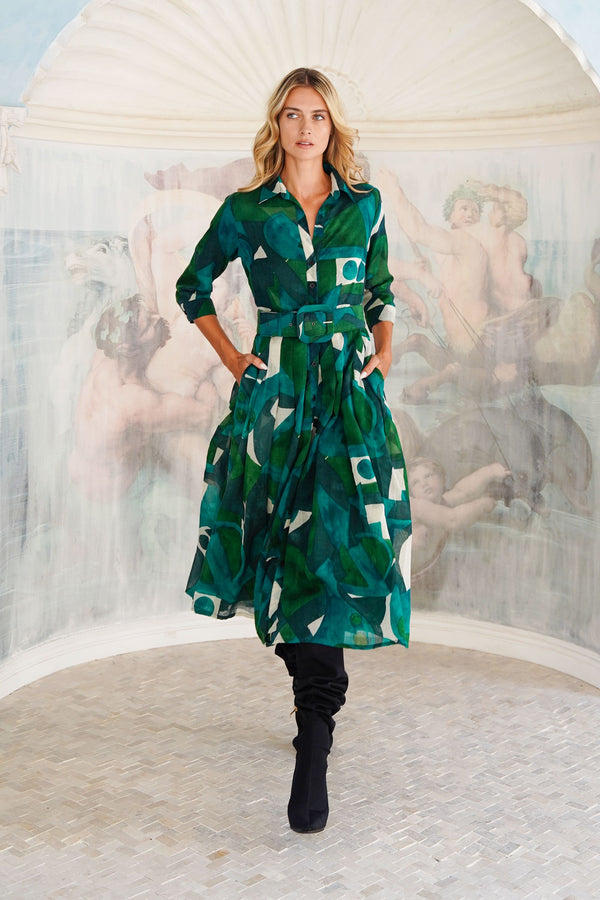 Audrey Dress #4 Shirt Collar 3/4 Sleeve Midi Length Wool (Morello Graphic Dark) - Green Jade