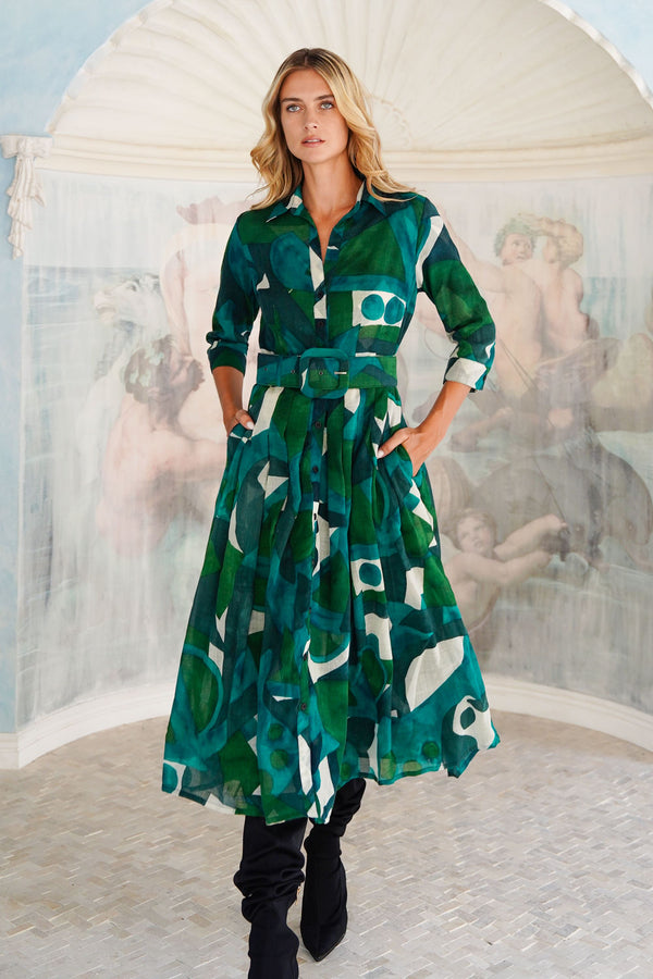 Audrey Dress #4 Shirt Collar 3/4 Sleeve Midi Length Wool (Morello Graphic Dark) - Green Jade