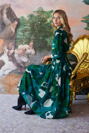 Audrey Dress #4 Shirt Collar 3/4 Sleeve Midi Length Wool (Morello Graphic Dark) - Green Jade