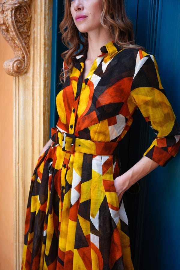 Audrey Dress #4 Shirt Collar 3/4 Sleeve Midi Length Wool (Morello Graphic Dark) - Ivory Orange Sepia