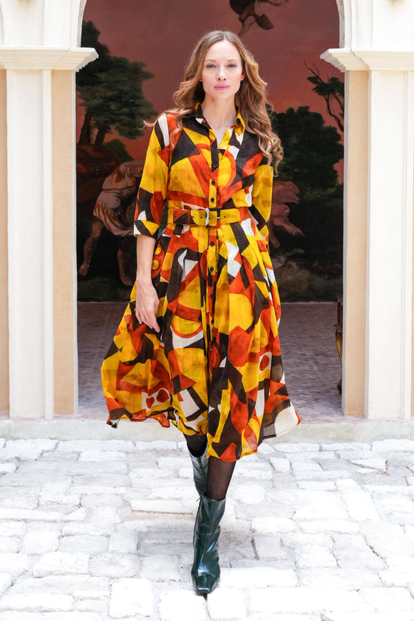 Audrey Dress #4 Shirt Collar 3/4 Sleeve Midi Length Wool (Morello Graphic Dark) - Ivory Orange Sepia