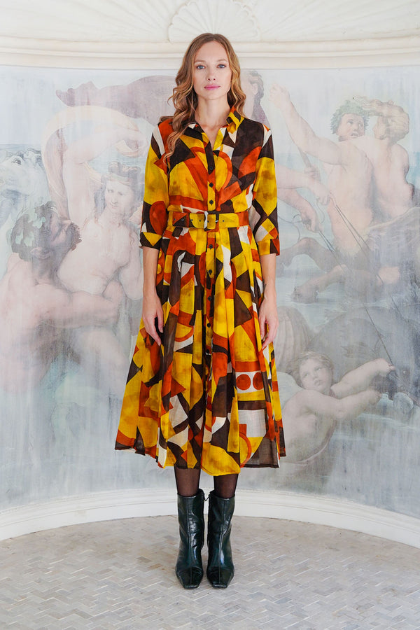 Audrey Dress #4 Shirt Collar 3/4 Sleeve Midi Length Wool (Morello Graphic Dark) - Ivory Orange Sepia