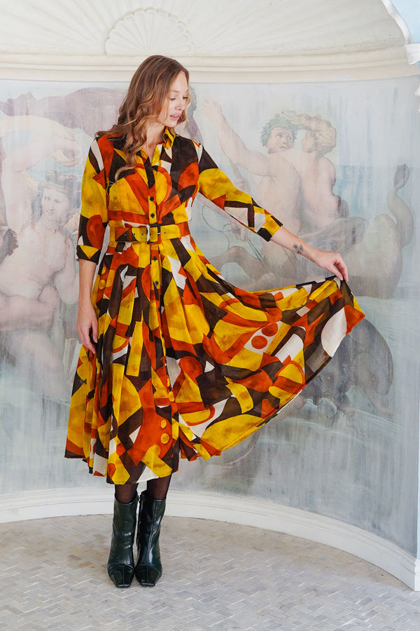 Audrey Dress #4 Shirt Collar 3/4 Sleeve Midi Length Wool (Morello Graphic Dark) - Ivory Orange Sepia