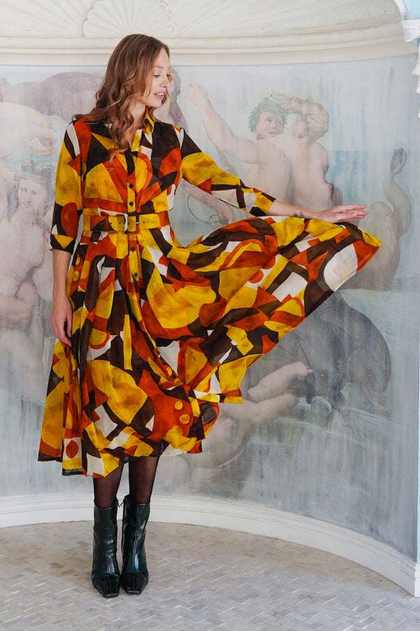 Audrey Dress #4 Shirt Collar 3/4 Sleeve Midi Length Wool (Morello Graphic Dark) - Ivory Orange Sepia