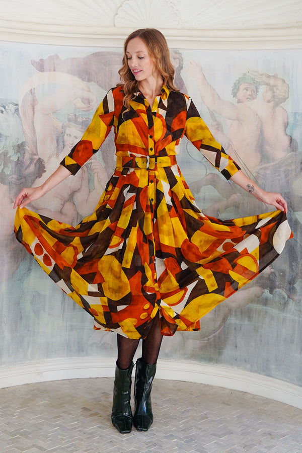 Audrey Dress #4 Shirt Collar 3/4 Sleeve Midi Length Wool (Morello Graphic Dark) - Ivory Orange Sepia