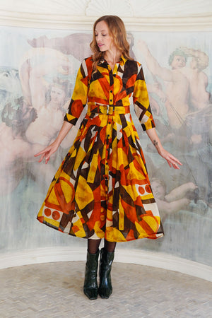 Audrey Dress #4 Shirt Collar 3/4 Sleeve Midi Length Wool (Morello Graphic Dark) - Ivory Orange Sepia