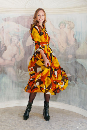 Audrey Dress #4 Shirt Collar 3/4 Sleeve Midi Length Wool (Morello Graphic Dark) - Ivory Orange Sepia