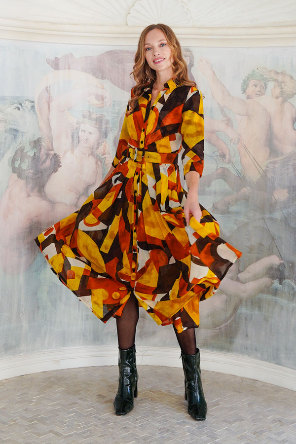 Audrey Dress #4 Shirt Collar 3/4 Sleeve Midi Length Wool (Morello Graphic Dark) - Ivory Orange Sepia