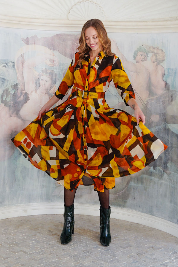 Audrey Dress #4 Shirt Collar 3/4 Sleeve Midi Length Wool (Morello Graphic Dark) - Ivory Orange Sepia