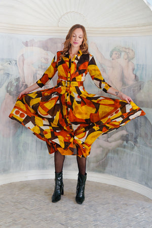 Audrey Dress #4 Shirt Collar 3/4 Sleeve Midi Length Wool (Morello Graphic Dark) - Ivory Orange Sepia