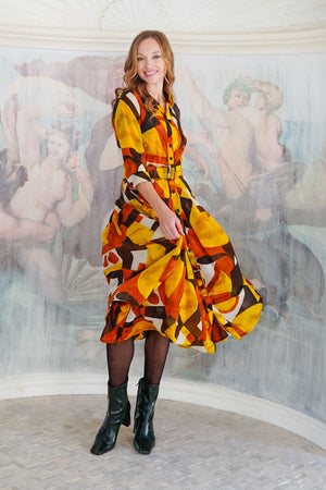 Audrey Dress #4 Shirt Collar 3/4 Sleeve Midi Length Wool (Morello Graphic Dark) - Ivory Orange Sepia