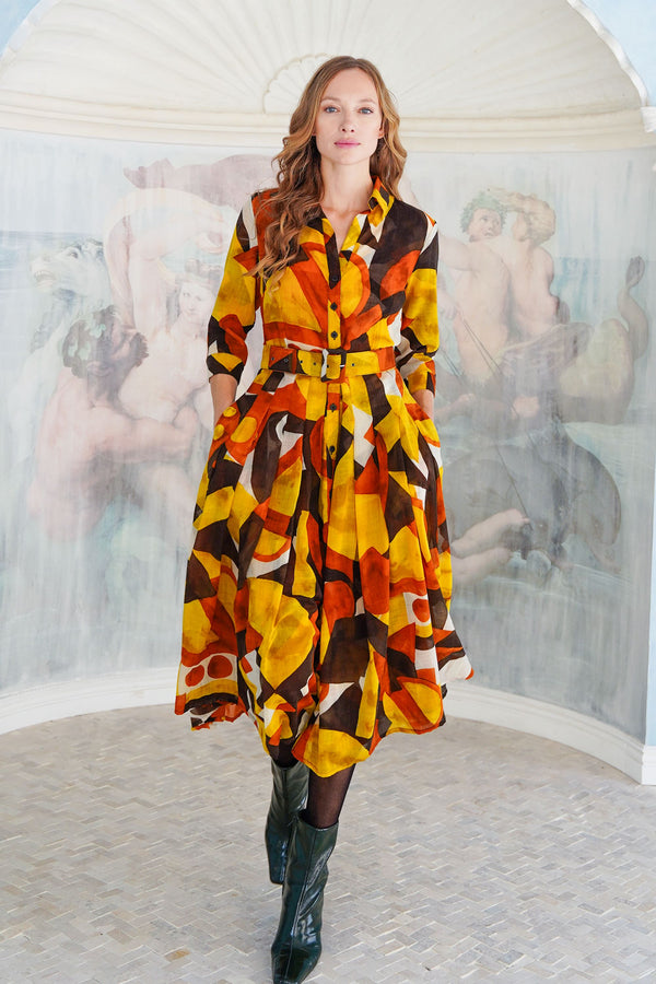 Audrey Dress #4 Shirt Collar 3/4 Sleeve Midi Length Wool (Morello Graphic Dark) - Ivory Orange Sepia