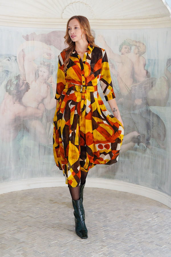 Audrey Dress #4 Shirt Collar 3/4 Sleeve Midi Length Wool (Morello Graphic Dark) - Ivory Orange Sepia