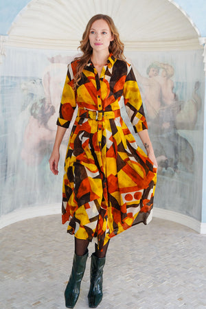 Audrey Dress #4 Shirt Collar 3/4 Sleeve Midi Length Wool (Morello Graphic Dark) - Ivory Orange Sepia