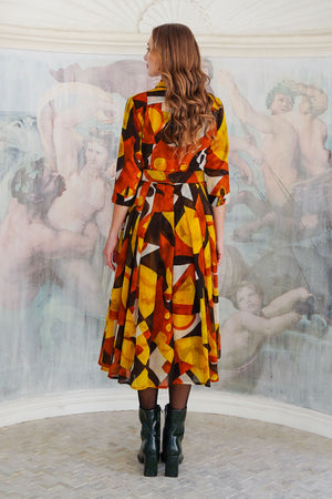 Audrey Dress #4 Shirt Collar 3/4 Sleeve Midi Length Wool (Morello Graphic Dark) - Ivory Orange Sepia