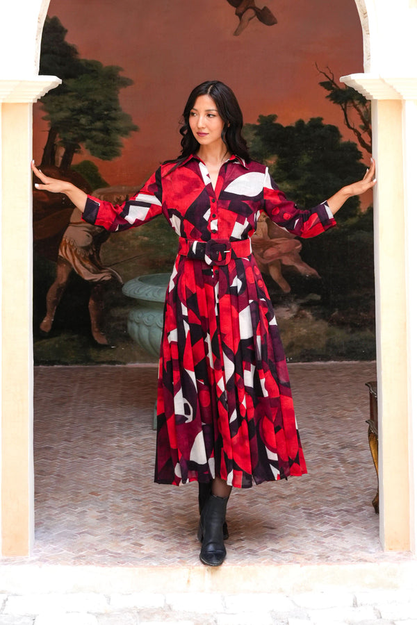 Audrey Dress #4 Shirt Collar 3/4 Sleeve Midi Length Wool (Morello Graphic Dark) - Red Sepia