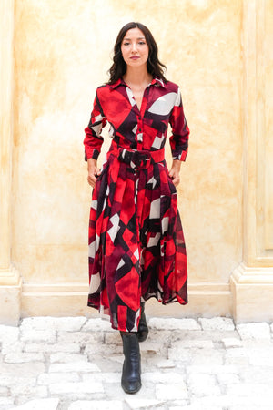 Audrey Dress #4 Shirt Collar 3/4 Sleeve Midi Length Wool (Morello Graphic Dark) - Red Sepia