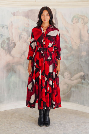 Audrey Dress #4 Shirt Collar 3/4 Sleeve Midi Length Wool (Morello Graphic Dark) - Red Sepia