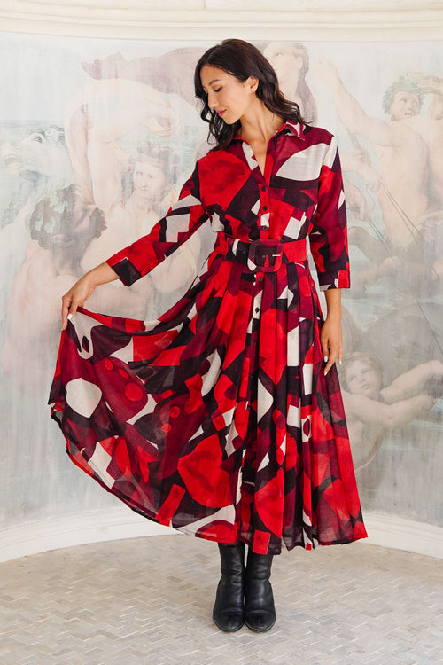 Audrey Dress #4 Shirt Collar 3/4 Sleeve Midi Length Wool (Morello Graphic Dark) - Red Sepia