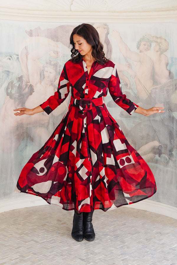 Audrey Dress #4 Shirt Collar 3/4 Sleeve Midi Length Wool (Morello Graphic Dark) - Red Sepia