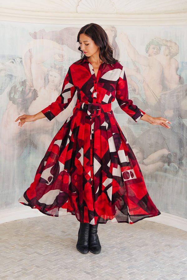 Audrey Dress #4 Shirt Collar 3/4 Sleeve Midi Length Wool (Morello Graphic Dark) - Red Sepia