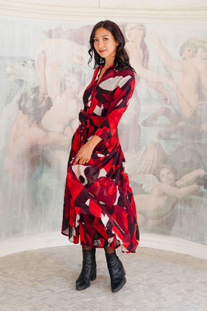 Audrey Dress #4 Shirt Collar 3/4 Sleeve Midi Length Wool (Morello Graphic Dark) - Red Sepia