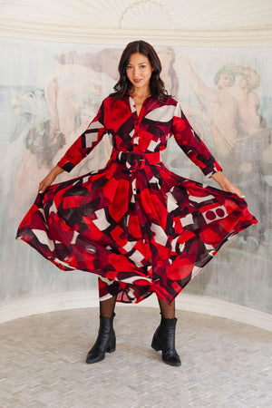 Audrey Dress #4 Shirt Collar 3/4 Sleeve Midi Length Wool (Morello Graphic Dark) - Red Sepia