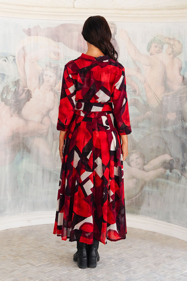 Audrey Dress #4 Shirt Collar 3/4 Sleeve Midi Length Wool (Morello Graphic Dark) - Red Sepia