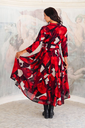 Audrey Dress #4 Shirt Collar 3/4 Sleeve Midi Length Wool (Morello Graphic Dark) - Red Sepia