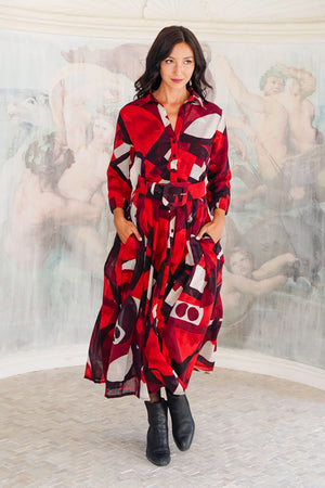 Audrey Dress #4 Shirt Collar 3/4 Sleeve Midi Length Wool (Morello Graphic Dark) - Red Sepia