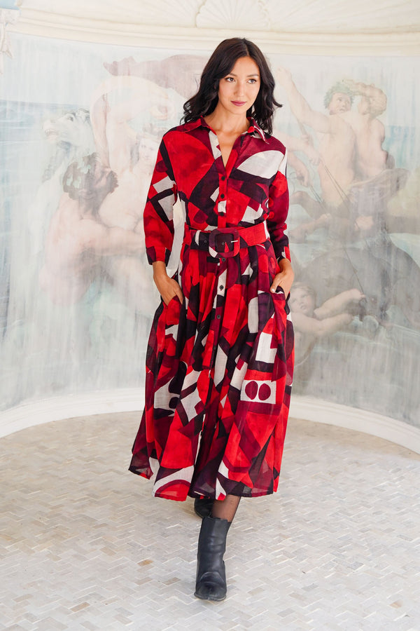 Audrey Dress #4 Shirt Collar 3/4 Sleeve Midi Length Wool (Morello Graphic Dark) - Red Sepia