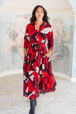 Audrey Dress #4 Shirt Collar 3/4 Sleeve Midi Length Wool (Morello Graphic Dark) - Red Sepia